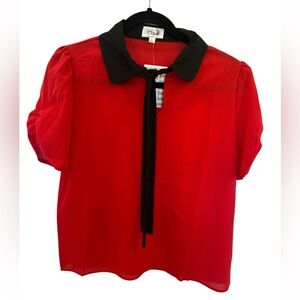 Tulip B Red Puff Sleeve Blouse with Black Peter Pan Collar